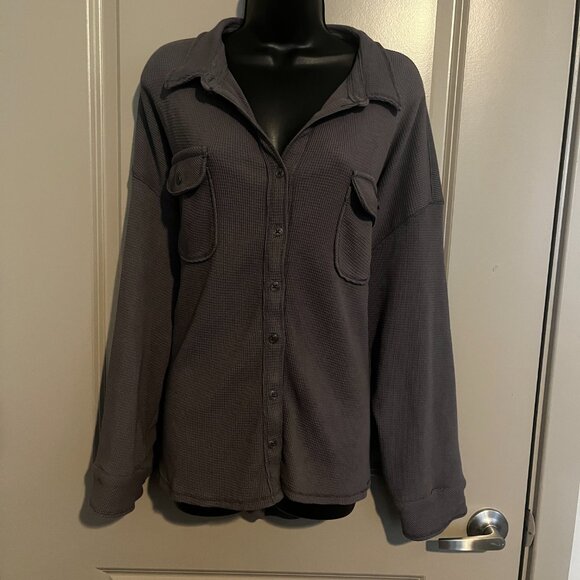 Women's Grey Button Down Sweater Top Large - Picture 2 of 9
